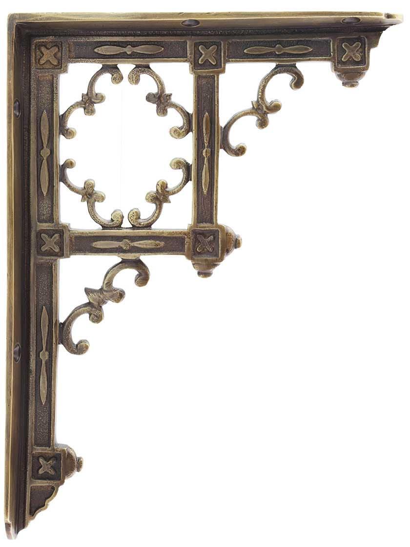 Brass Shelf Brackets |   Brass Gothic-Style Shelf Bracket in Antique-By-Hand – 9 1/4″ x 6 3/4″ Brass Shelf Brackets Brass Shelf Brackets