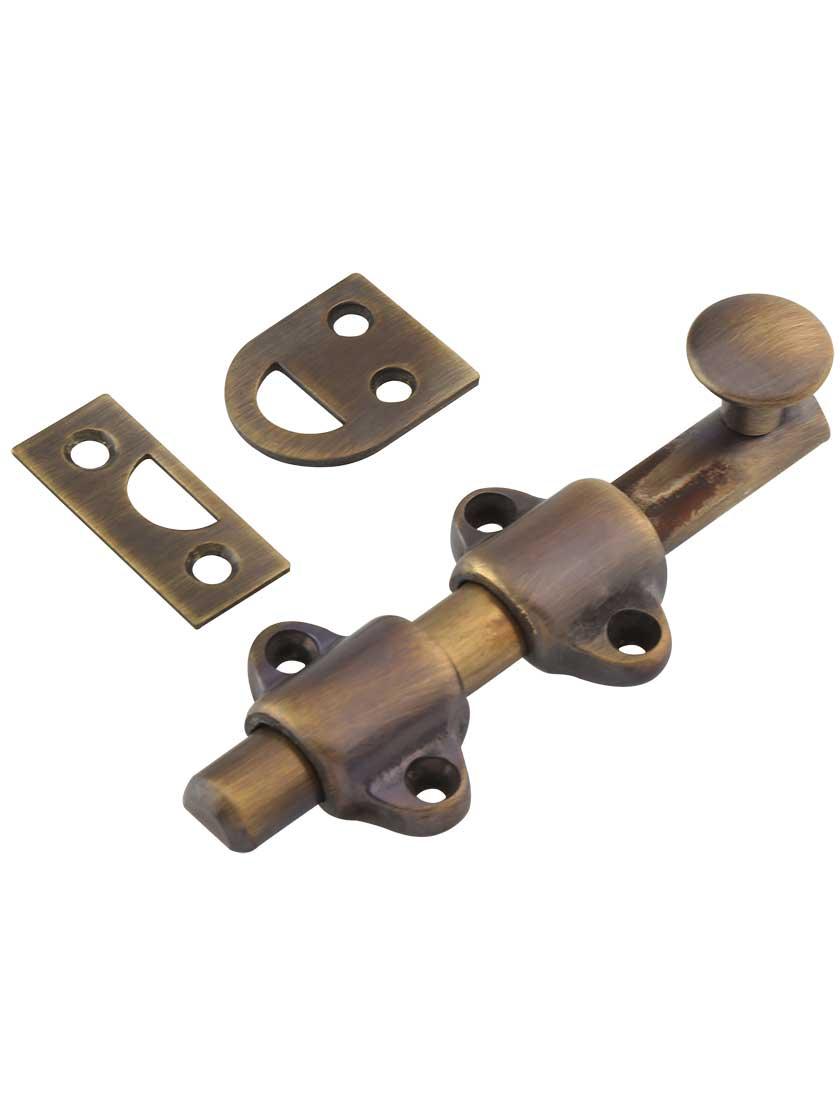 Casement Bolts |   4-Inch Medium-Duty Solid Brass Surface Bolt in Antique-By-Hand Casement Bolts Casement Bolts