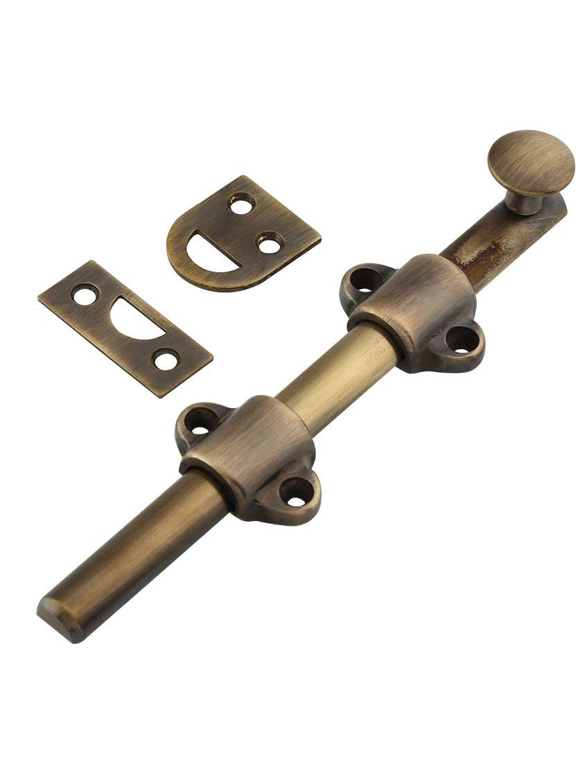 Casement Bolts |   6-Inch Medium-Duty Solid Brass Surface Bolt in Antique-By-Hand Casement Bolts Casement Bolts