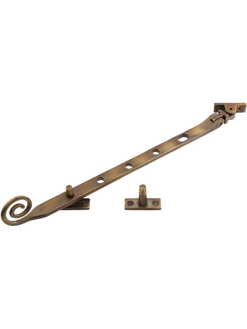 Casement Stays |   Solid-Brass Casement Stay with Curly Handle – 11 1/2″ in Antique-By-Hand Casement Hardware Casement Stays