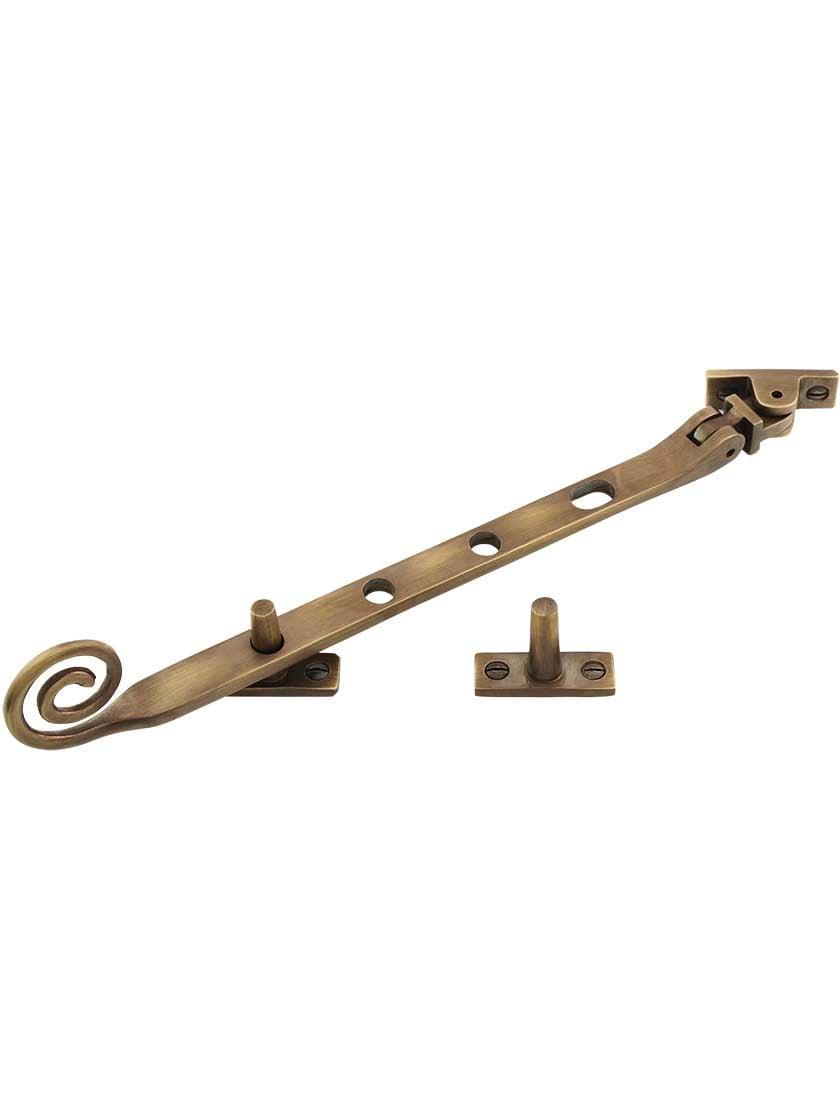 Casement Stays |   Solid-Brass Casement Stay with Curly Handle – 9 1/2″ in Antique-By-Hand Casement Hardware Casement Stays