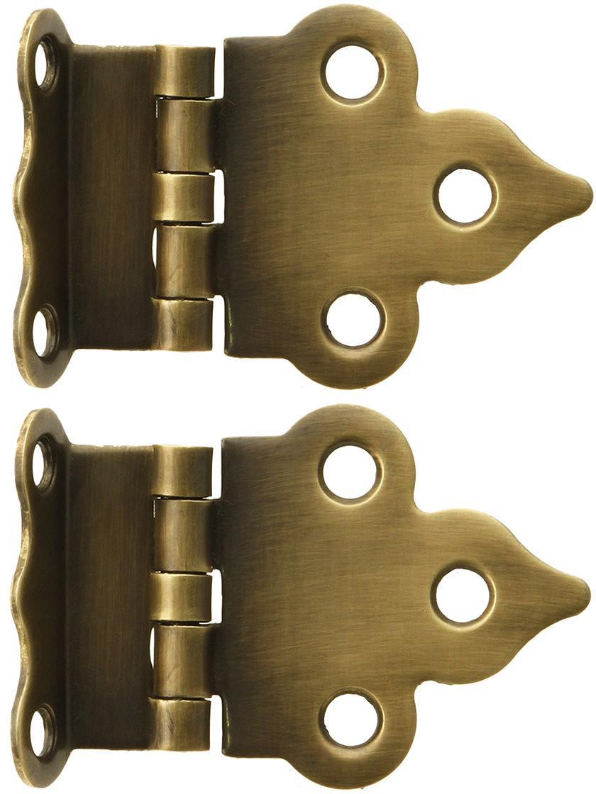 Hoosier Hardware |   Pair of Solid Brass Gothic-Style Offset Cabinet Hinges in Antique-By-Hand – 1 1/2-Inch x 2 1/8-Inch Hoosier & Ice Box Hoosier Hardware