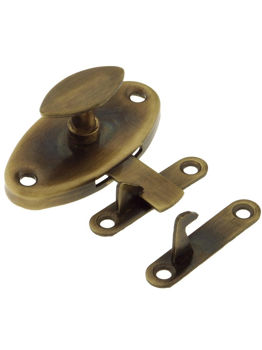 Hoosier Hardware |   Solid Brass Reversible Oval Hoosier Latch in Antique-By-Hand Hoosier & Ice Box Hoosier Hardware