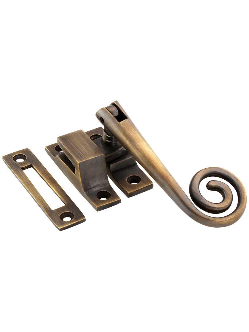 Latches |   Solid-Brass Casement Latch with Curly Handle in Antique-By-Hand Casement Hardware Latches