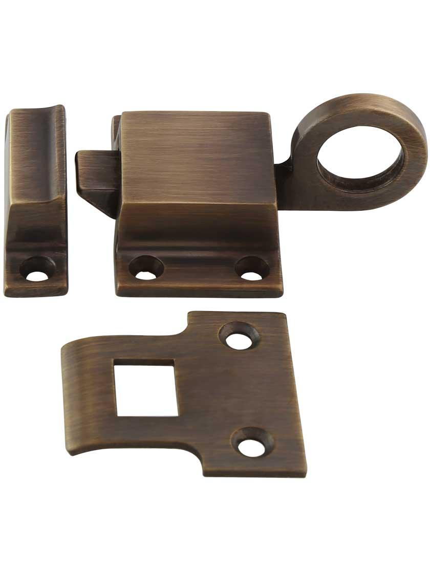 Latches |   Solid-Brass Transom Window Latch with Box Strike in Antique-By-Hand Latches Latches